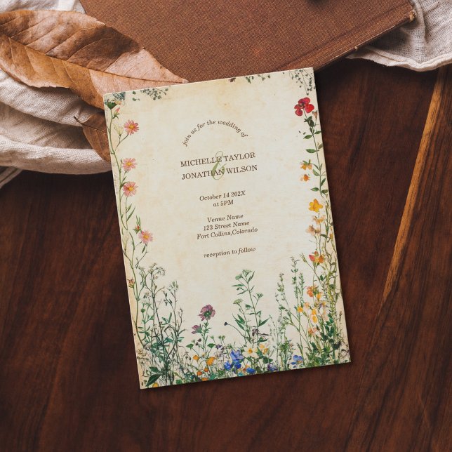 Convite Vintage Rustic Retro Meadow Wildflower (vintage wildflower wedding)