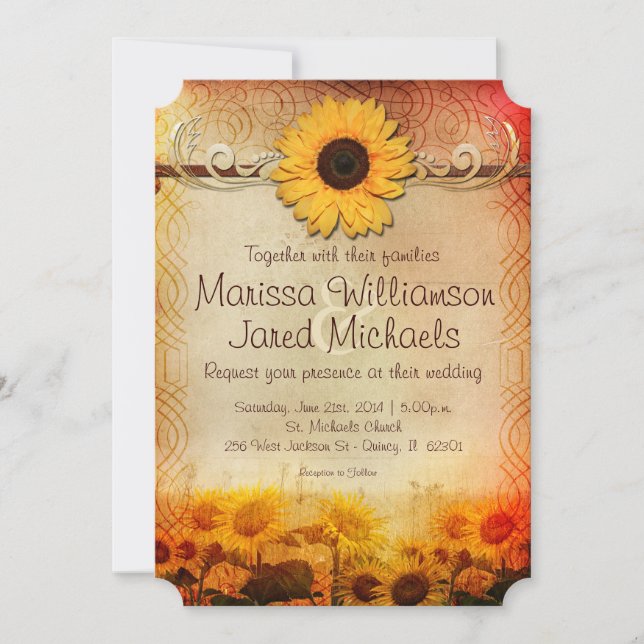 Convite Vintage Rustic Sunflower Country Casamento Convida (Frente)