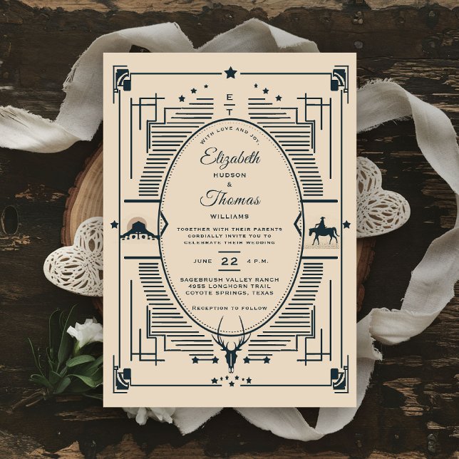 Convite Vintage Rustic Vintage Western Elegant (western wedding invitation cowboy cowgirl country rustic ranch barn outdoor vintage southwest desert)