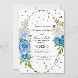 Convite Vintage Rustic Wedding Blue Flowers gold stars