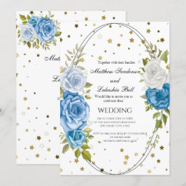 Convite Vintage Rustic Wedding Blue Flowers gold stars