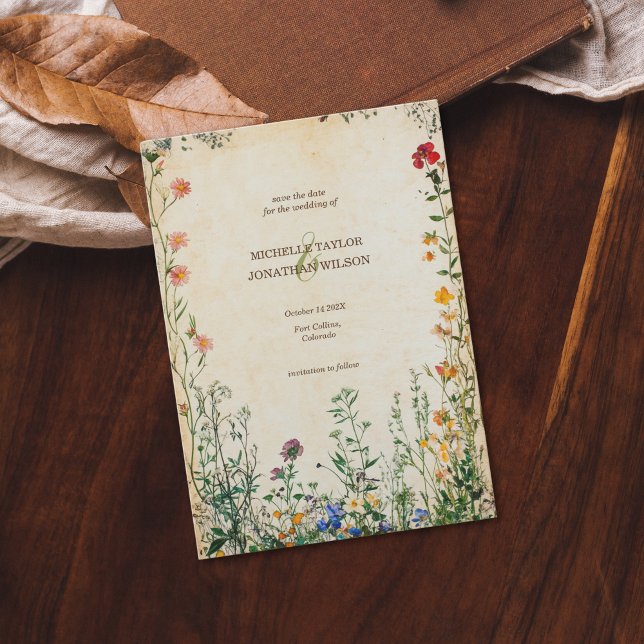 Convite Vintage Rustic Wildflower Botanic Salvar Data (vintage paper and meadow flowers)