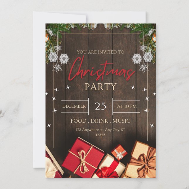 Convite Vintage rústica, neve Natal (Frente)