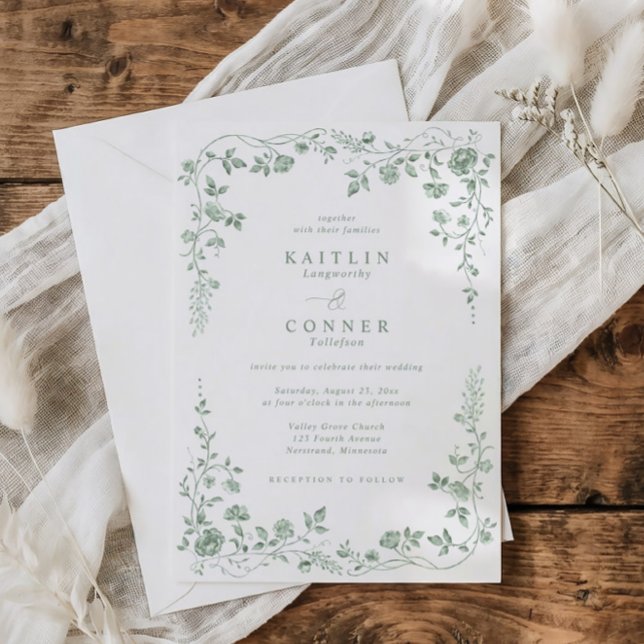 Convite Vintage Sage Green French Floral Wedding (Sage green vintage French wedding invitation with elegant chinoiserie floral frame design)