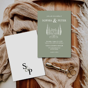 Convite Vintage Sage Green Venue Ilustração Casamento