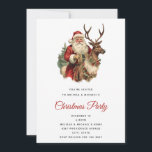 Convite Vintage Santa Claus Andando uma Reindeer<br><div class="desc">Convite de festas de Natal com uma divertida ilustração de Natal. Papai Noel em seu terno vermelho tradicional cavalgando uma rena grande e picada decorada com o Holly. Uma árvore de Natal nas costas.</div>