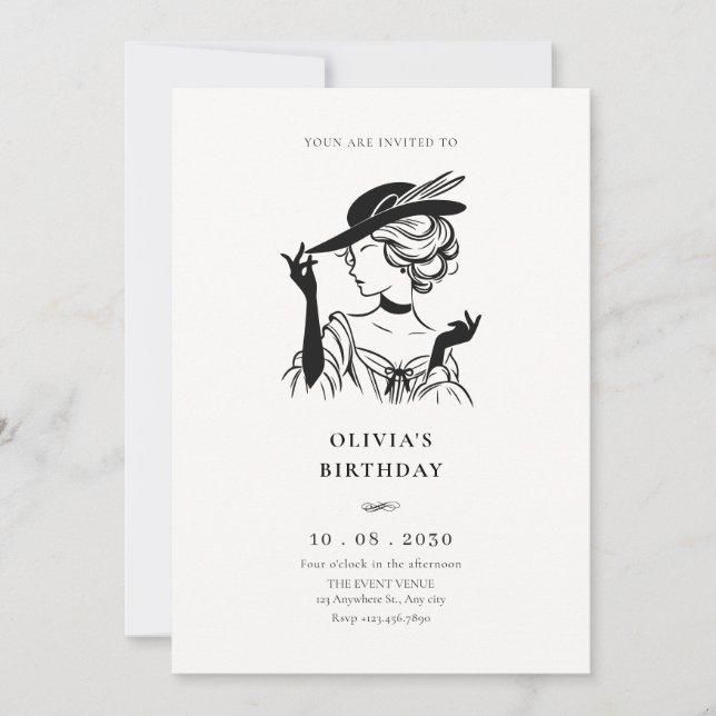 Convite Vintage Sassassy Lady elegante aniversário (Frente)