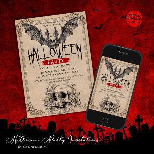 Convite Vintage Scarry Bat and Skull Adult Halloween Party