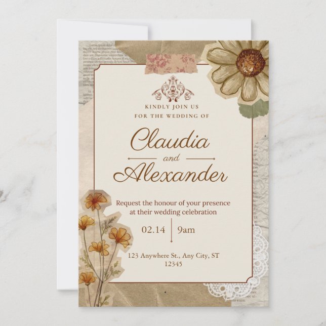 Convite Vintage Scrapbook Botanical Wedding Invitation (Frente)