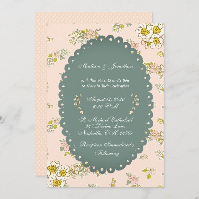 Convite Vintage Script Floral Blush Wedding (Frente/Verso)