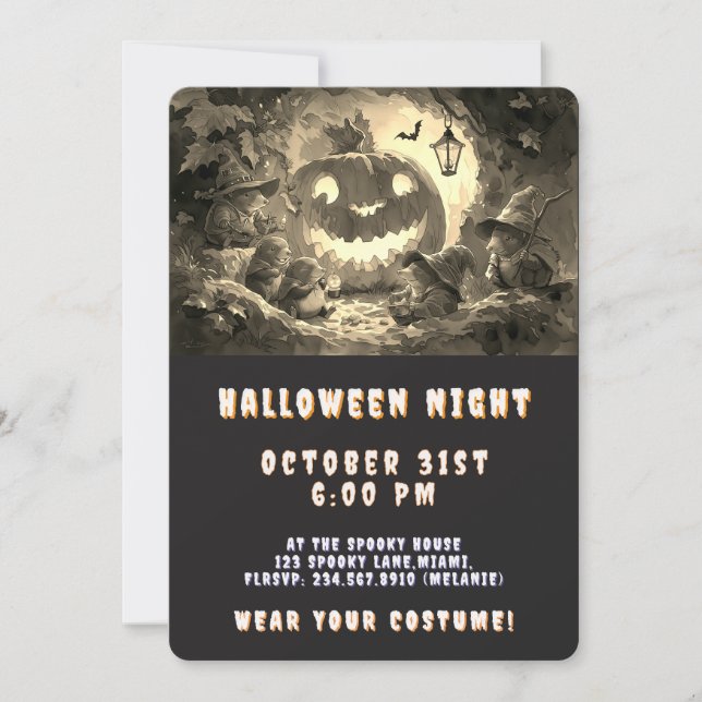 Convite Vintage Sepia Kawaii Witch Halloween Party (Frente)