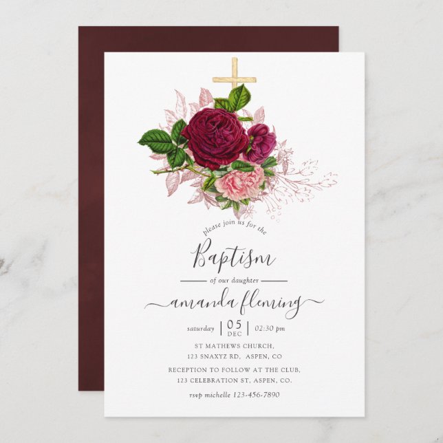 Convite Vintage Shabby-Chic Blush e Burgundy Baptism (Frente/Verso)