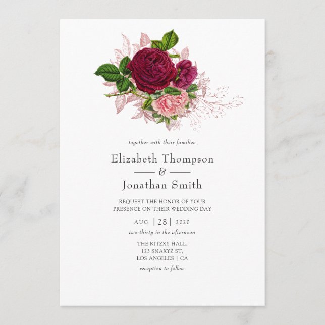 Convite Vintage Shabby-Chic Blush e Burgundy Wedes (Frente)