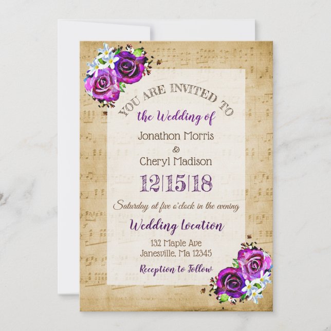 Convite Vintage Sheet Music Purple Rosa Weding (Frente)