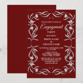 Convite Vintage Silver Floral Pattern Red Engagement Party