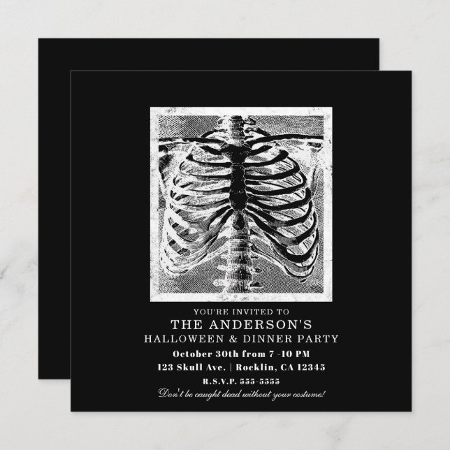 Convite Vintage Skeleton Bones Torso Body Halloween (Frente/Verso)