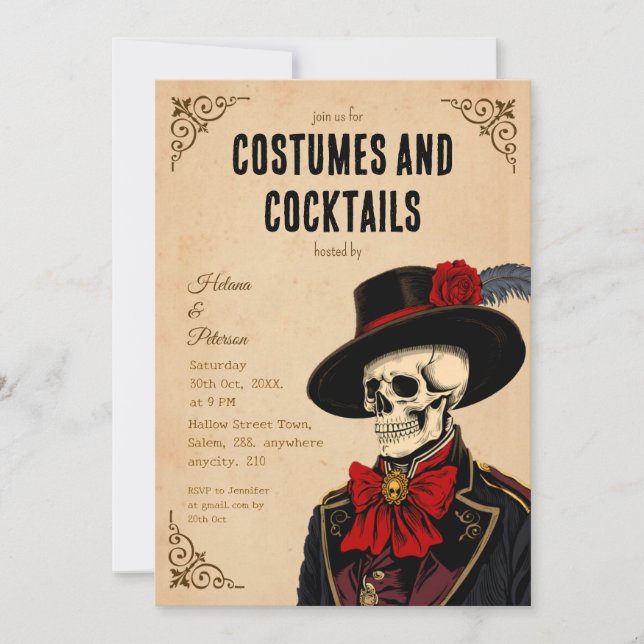Convite Vintage Skeleton Halloween Costumes e Cocktails (Frente)