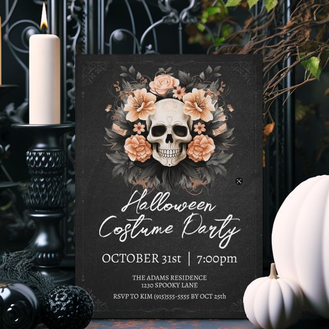 Convite Vintage Skull Halloween (Elegant vintage style Halloween party invitations.)
