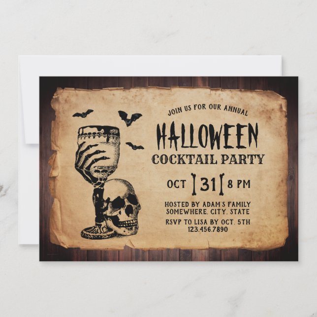 Convite Vintage Skull Halloween Cocktail Party (Frente)