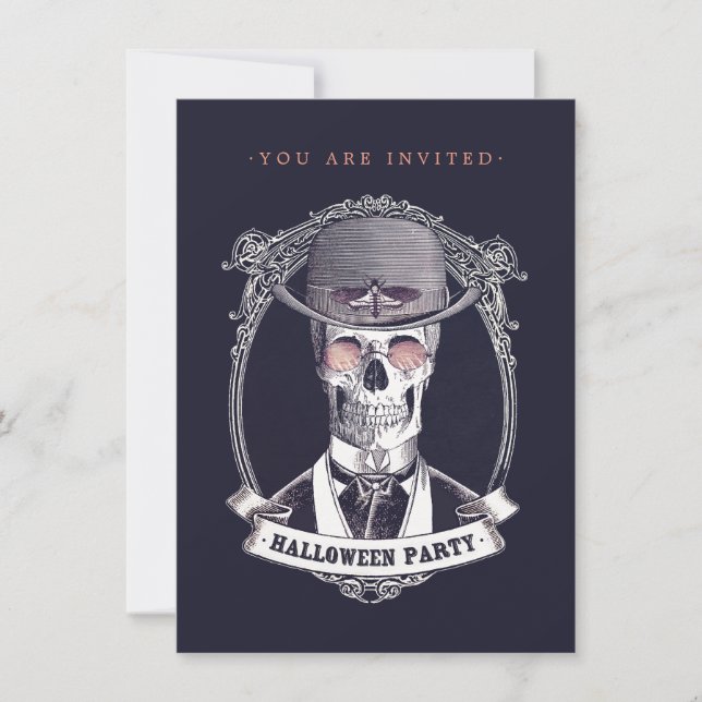 Convite Vintage Skull Skeleton Halloween Party (Frente)