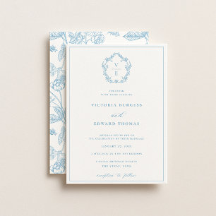 Convite Vintage Sky Blue Crest Monograma Casamento