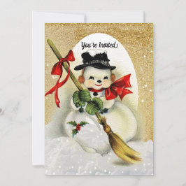 Convite Vintage Snowman com Dourada festa de Natal Glitter