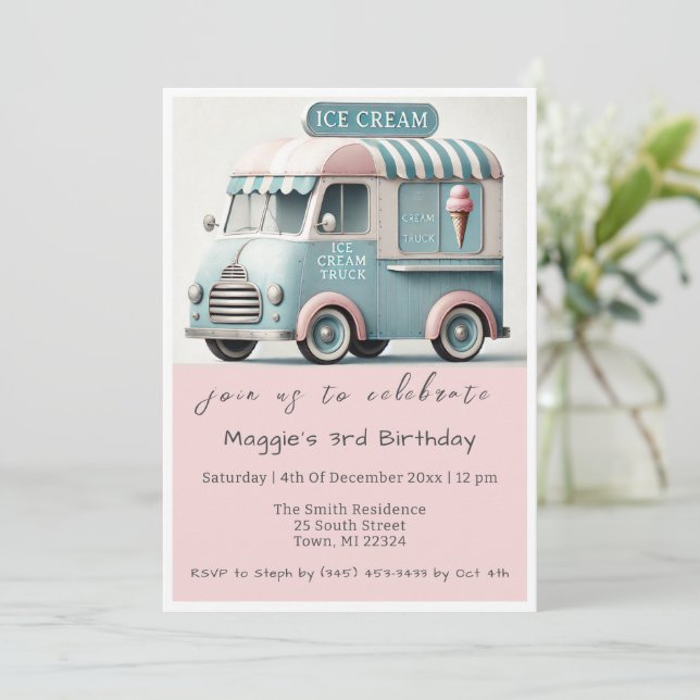 Convite Vintage Sorvete Truck Birthday (Em pé/Frente)