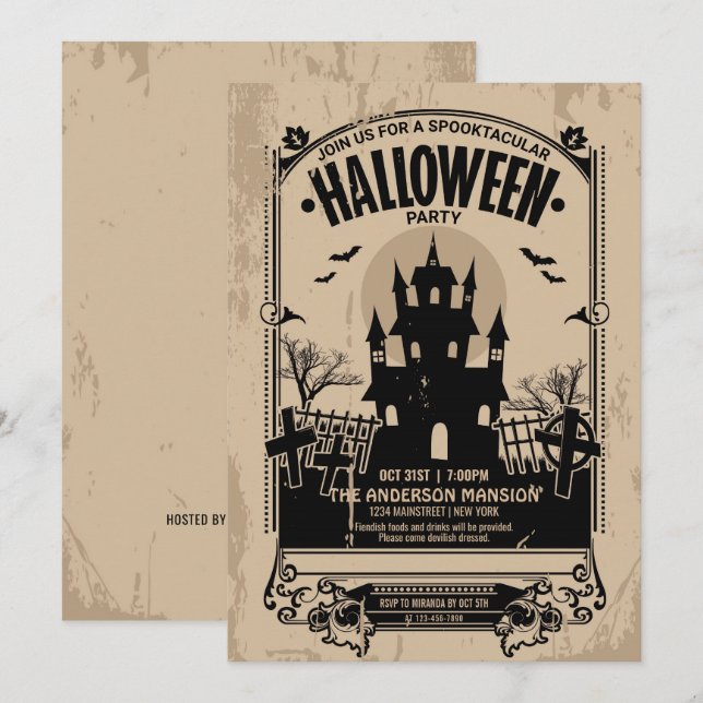 Convite Vintage Spooktacular, Festa de Halloween, Casa Ass (Frente/Verso)