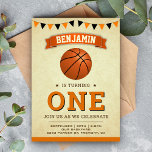 Convite Vintage Sports Basketball 1st Birthday Party<br><div class="desc">Amaze your guests with this cool birthday party invite featuring a basketball with vibrant typography against a rustic parchment background. Simply add your event details on this easy-to-use template to make it a one-of-a-kind invitation. Flip the card over to reveal an orange and black stripes pattern on the back of...</div>