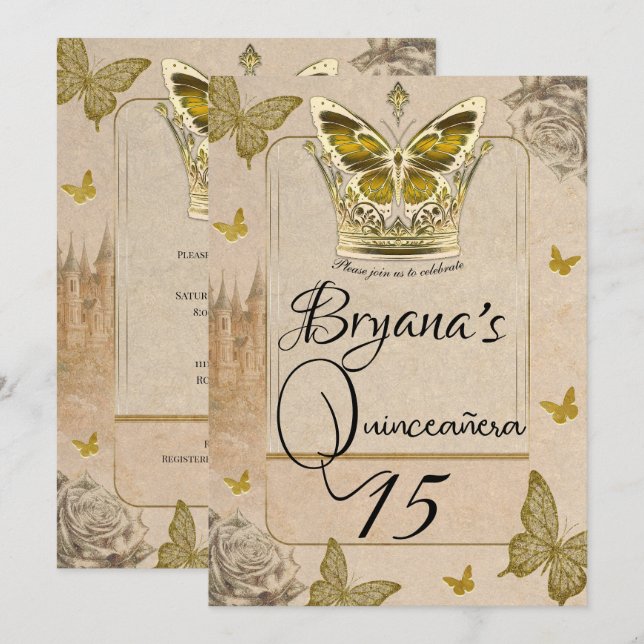 Convite Vintage Storybook Dourado Butterfly Quinceañera (Frente/Verso)
