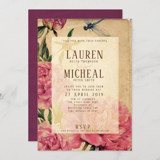 Convite Vintage Style Peony & Dragonfly Invitation (Frente/Verso)