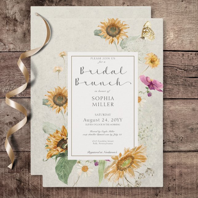 Convite Vintage Summer Sunflower Cream Bridal Brunt (Vintage Summer Sunflower Cream Bridal Brunch Invitation)