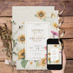 Convite Vintage Summer Sunflower Wedding<br><div class="desc">Este design apresenta um belo quadro de girassóis de cor aquosa macia e outras flores de verão em um fundo branco angustiado. É romântico com um toque de safra. Criada pela "Simply Farmhouse Press",  faz parte do Vintage Summer Floral Wedding Suite de cartas.</div>
