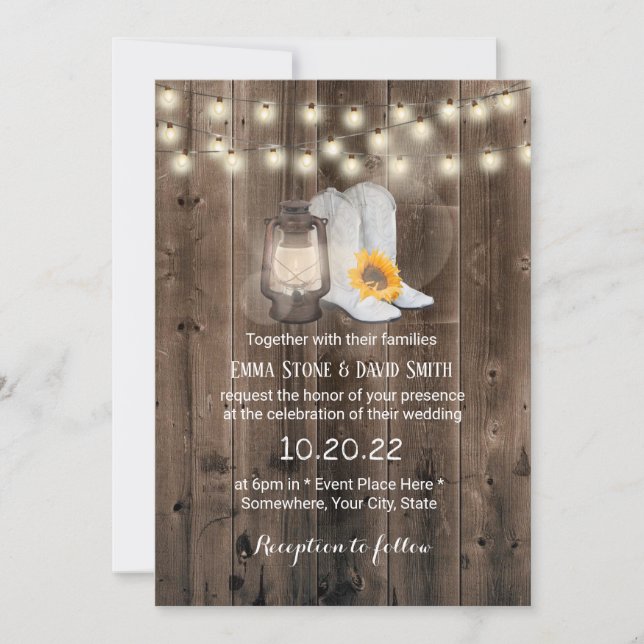 Convite Vintage Sunflower Boots & Lantern Western Weds (Frente)