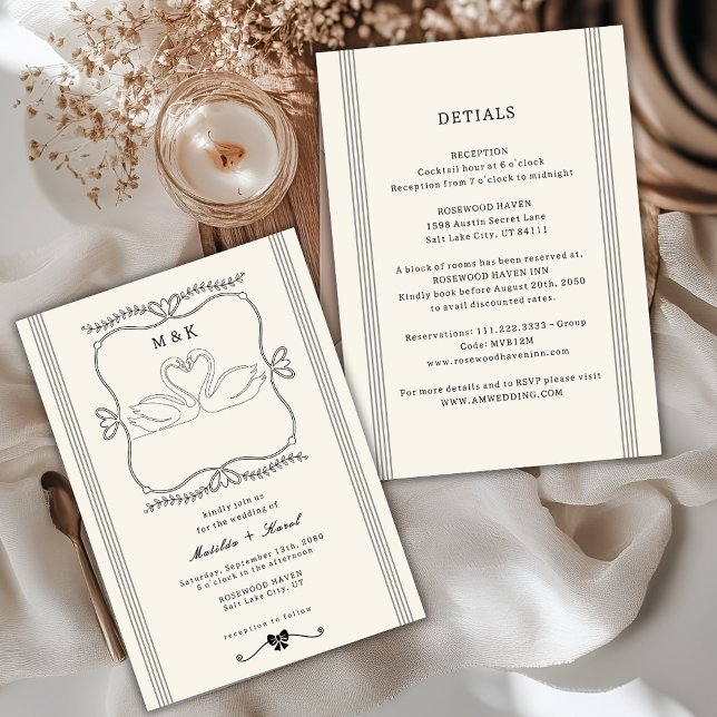 Convite Vintage Swans All In One Monogram Wedding (Criador carregado)