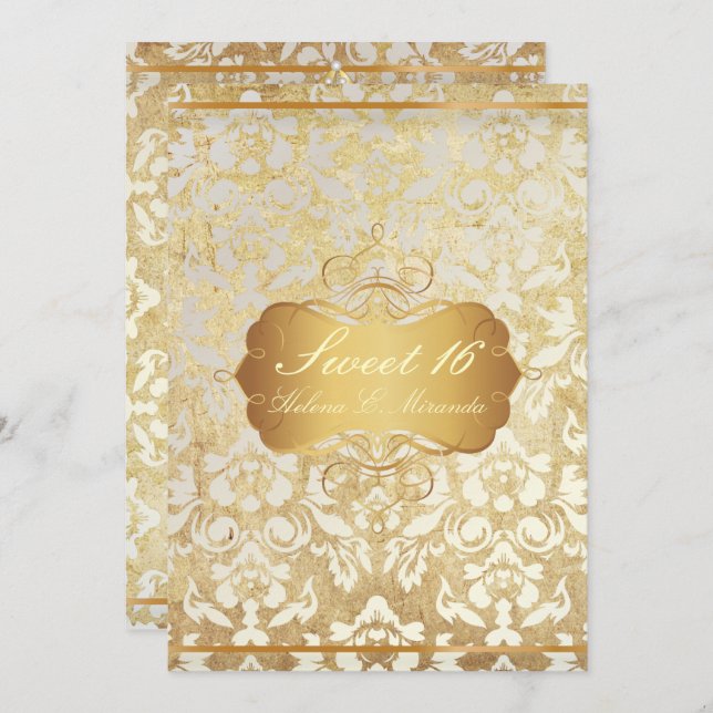 Convite VINTAGE SWEET 16 Princesa Pearl Damask Pergaminho (Frente/Verso)