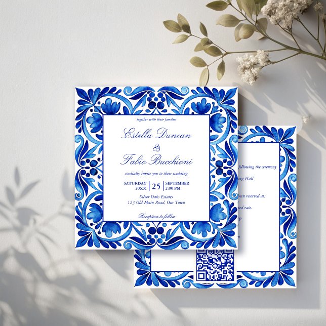 Convite Vintage Talavera Azulejo azulejos Azulejo (Vintage Talavera Azul blue tiles Mexican wedding Invitation cards with RSVP editable template)
