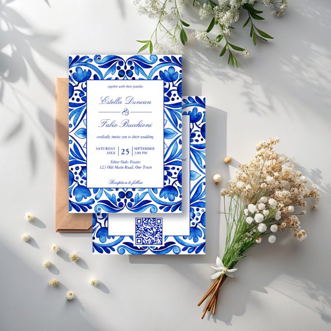 Convite Vintage Talavera Azulejo azulejos Azulejo (Vintage Talavera Azulejo blue tiles Mexican wedding Invitations with RSVP editable template )
