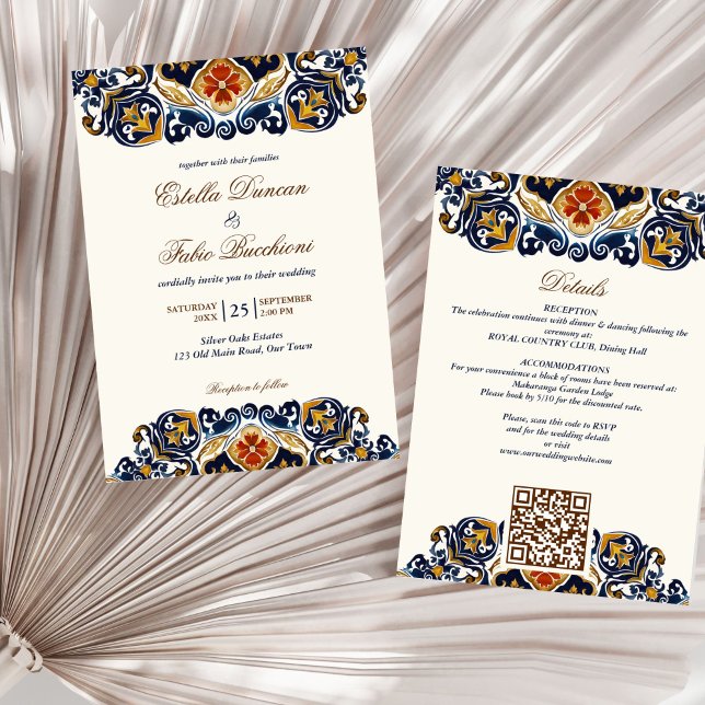 Convite Vintage Talavera Azulejo azulejos Azulejo (Vintage Talavera Azulejo blue tiles Mediterranean Spanish Mexican all in one wedding Invitation)
