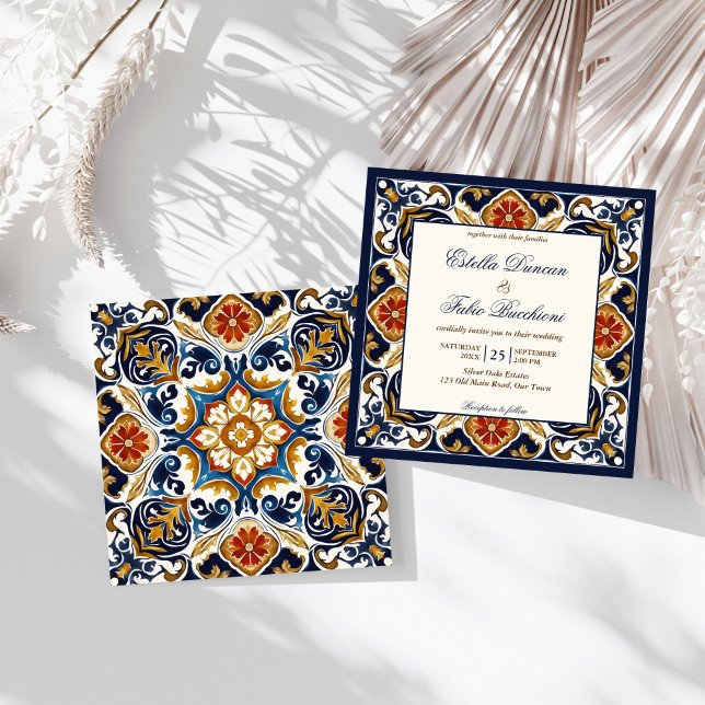 Convite Vintage Talavera Azulejo azulejos Azulejo (Vintage Talavera Azulejo Mediterranean blue tiles wedding Invitation editable template download)