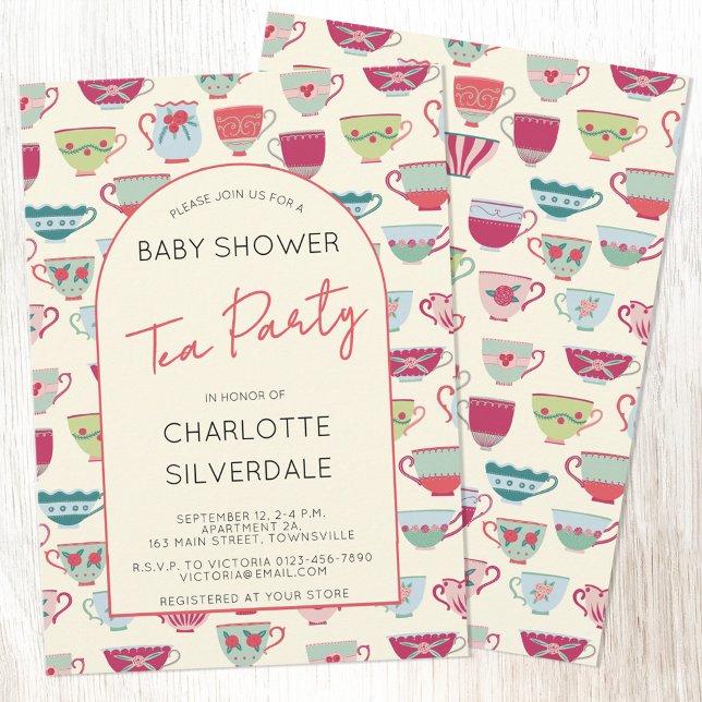 Convite Vintage Tea Party Baby Shower (Vintage modern tea party baby shower invitation with custom text)
