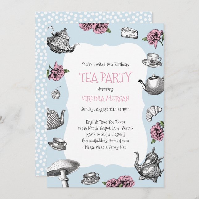 Convite Vintage Tea Party Birthday Baby Blue (Frente/Verso)