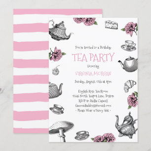 Convite Vintage Tea Party Birthday Pink