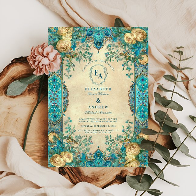 Convite Vintage Teal e Dourada Arca Floral (Criador carregado)