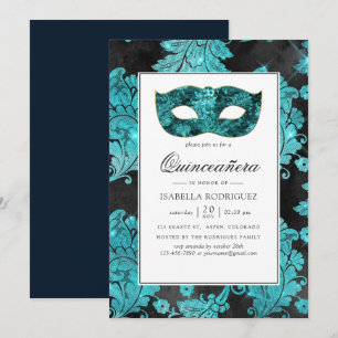 Convite Vintage Teal Mascarada Damask Quinceañera