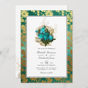 Convite Vintage Teal - Turquesa e Dourada Casamento Floral