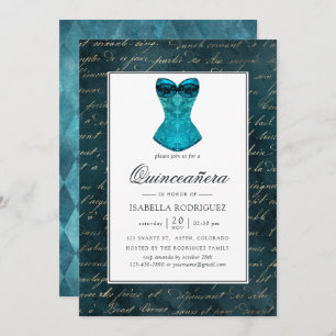 Convite Vintage Teal - Turquesa Mascarada Quinceañera