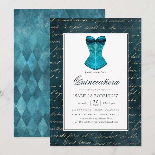 Convite Vintage Teal - Turquesa Masquerade Quinceañera (Frente/Verso)