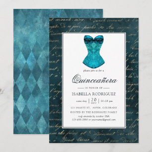 Convite Vintage Teal - Turquesa Masquerade Quinceañera