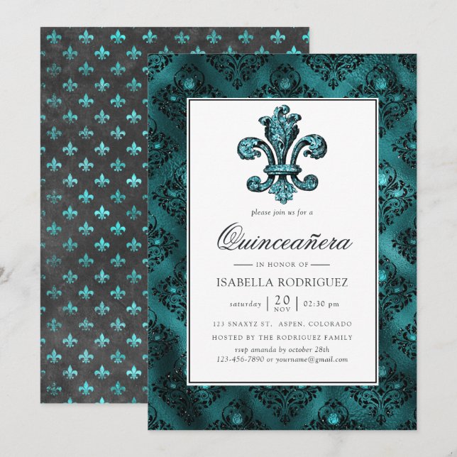 Convite Vintage Teal - Turquoise Fleur de Lis Quinceañera (Frente/Verso)